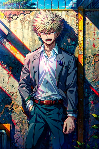 ((masterpiece,best quality, detailed)), 1boy, male focus, outdoors, building, tree, chain fence, day, bakugou katsuki, school uniform, belt, white shirt, grey jacket, green pants, against wall, angry, open mouth, 