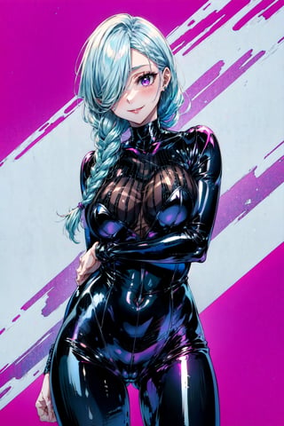 masterpiece, best quality, simple background, meidef, 1girl, solo, looking at viewer, cowboy shot, purple eyes, long hair, braid, single braid, braided bangs, white hair, grey hair, hair over one eye, braided ponytail, evil smile, large breasts, latexconcept, bodysuit, latex bodysuit, black bodysuit, shiny clothes, shiny, latex, skin tight,Circle