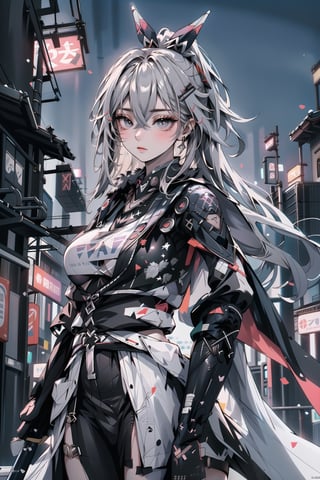 Realistic, (masterpiece 1.2), (ultra Max high quality 1.2), (high_resolution 4k), (high detailed face), high-res CG textures., big_boobs, A samurai-inspired warrior with a holographic katana, standing in front of a massive futuristic cityscape with floating islands and flying vehicles.,realistic style, 8k,exposure blend, medium shot, bokeh, (hdr:1.4), high contrast, (cinematic, dark orange and white film), (muted colors, dim colors, soothing tones:1.3), low saturation, (hyperdetailed:1.2), (noir:0.4),1 girl,haruno sakura,SilverWolfMx,SamuraiXQuiron man,samurai