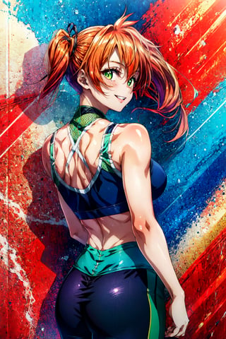 kendou itsuka, 1girl,solo,orange hair, long hair, side ponytail, green eyes, smile, parted lips, happy,Mesh-back sports bra and high-waisted compression leggings
