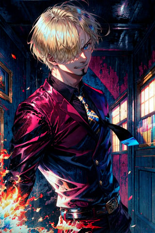 (((1boy))), male focus, 1boy, , sanji2, suit, hair_over_one_eye, eyeblow, blue colored eyes, blond hair, black shirts, necktie, Burgundy jacket, facial hair, muscular male,  perfecteyes eyes, egypt room, indoor, smile, closed mouth, egyptian antic room, , extremely detailed CG unity 8k wallpaper, photo of the most beautiful artwork in the world, deviantart hd, artstation hd, concept art, detailed face and body, award-winning photography, margins, detailed face, backlight, 12k ultrarealistic, ray tracing, intense gaze, cinematic lighting, art by Grzegorz Rutkowski, embers