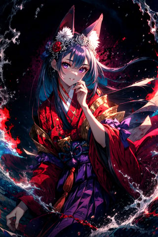 masterpiece,best quality,highres,cinematic lighting,dramatic angle,,1girl,animal ears,hair ornament,purple eyes,black hair,long hair,smile,parted lips,looking at viewer,cowboy shot,japanese clothes,obi,wide sleeves,burning village,blood,sleeves past wrists,hand on own cheek,red topwear,purple skirt,portrait