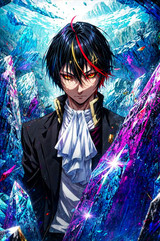 masterpiece, best quality, wallpaper, 1boy, solo, male focus, looking at viewer, , , , diablo_tensei_shitara, black hair, yellow eyes, multicolored hair, streaked hair, red hair, colored sclera, black sclera, , The Crystal Cave: A fantastical place where gemstones and crystals grow in abundance, HD