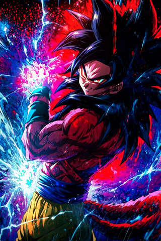 , redice, red theme, (red glow,:1.1) , big ice crystals, ,((masterpiece,best quality)), absurdres, energy, aura, electricity, , Super_Saiyan_4_Goku, 1boy, male focus, super saiyan, tail, wristband, pants, red fur, black hair, solo, smiling, looking at viewer, cowboy shot,