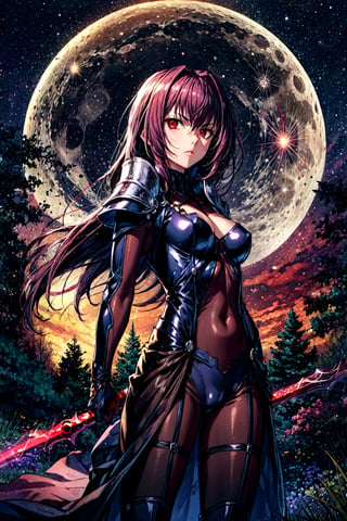 scathach, scathachBodysuit, masterpiece, best quality, absurdres, 1girl, standing, cowboy shot, looking at viewer, serious, forest, moon, night, spear, weapon, gae bolg,EpicSky,Circle