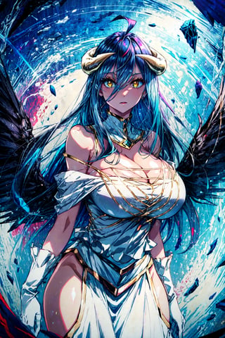 best quality, from below, (gigantic breasts:1.3), al1, demon horns, white gloves, white dress, bare shoulders, detached collar, cleavage, slit pupils, black wings, feathered wings, low wings