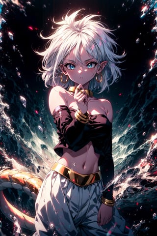 Aura, energy, glowing,swirling energy, dynamic pose, masterpiece, best quality, highres, bbandro, white hair, long hair, messy hair, pointy ears, hoop earrings, blue eyes, pink skin, tail, medium breasts, bare shoulders, strapless, detached sleeves, bracelet, midriff, harem pants, white pants, dragon ball, , standing, cowboy shot