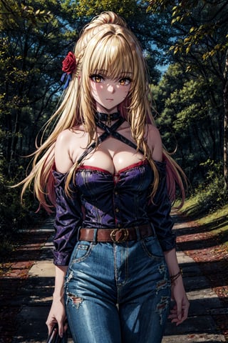 ((masterpiece, best quality, high quality, highres)):1.2,  outdoors, forest, black shirt, cleavage cutout, criss-cross halter, Rose, blonde hair, hair over shoulder,