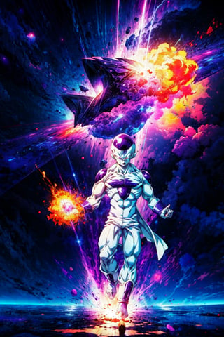 Frieza,full body, high quality, hires, plasma beam, large explosion,purple space aesthetic,CLOUD