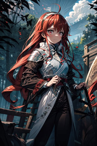 best quality, (masterpiece:1.2), detailed,,1girl, solo, closed mouth, slight smile,long hair, red hair, ahoge, red eyes, black hairband,(knight dress:1.4), brown pants, small breasts, long sleeves,standing, looking at the viewer,outdoors, forest, clouds
