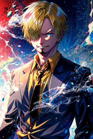 a man (sanji2:1.2), looking at viewer, smoking a cigarette, smirk, gray-blue eyes, black jacket, yellow shirts, necktie, upper body, male focus, Masashi Kisimoto,