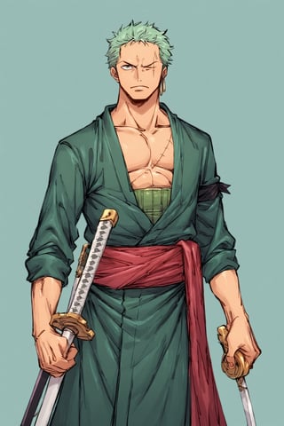 (score_9, score_8_up, score_7_up:1.0),(rating_safe), (zoro:0.7), (GREEN CLOTHES:1.0),(mid-body:1.0) , (showing the sword to the spectator:1.0)