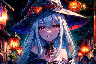 masterpiece,best quality,highres,cinematic lighting,dramatic angle,1girl,white hair,hairband,looking at viewer,glowing eyes,red eyes,white dress,bare shoulders,tassel,layered dress,detached sleeves,,upraised eyebrows,parted lips,evil smile,black ribbons,portrait,outdoors,halloween,pumpkin hat,witch robe,long robe,happy,crowd,on street,lanterns,jack-o'-lantern,witch hat