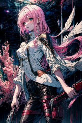 best quality,masterpiece,8k wallpaper,absurdres, highres, ultra detailed, (1 young beautiful girl, solo:1.1), blue eyes,weapon,thigh strap,pink hair,realistic,revealing clothes,small breasts,bangs,long hair,(black:1.3) detached pants,(white:1.3) pullover,conservatory, BREAK