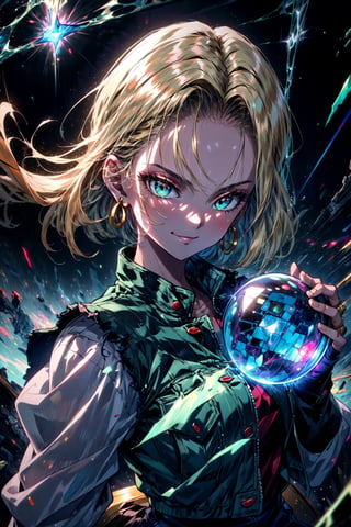 (best quality), (masterpiece),(ultra-detailed:1.2),ultra high res, 1girl, smirk, hand on ear,  ,Android18DB, striped_sleeves,long_sleeves, denim_jacket,vest,earrings,  ,forcefield,inside a huge glass sphere, (electrified:1.1),green aura, , destruction  ,  , dark theme,