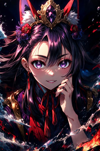 masterpiece,best quality,highres,cinematic lighting,dramatic angle,,1girl,animal ears,hair ornament,purple eyes,black hair,long hair,smile,parted lips,looking at viewer,japanese clothes,obi,wide sleeves,burning village,blood,hand on own cheek,red topwear,purple skirt,portrait,from below,moon,close-up