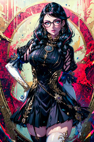 (masterpiece:1.4),(best quality:1.4),(absurdres:1.4),pin-up,, bayonetta_3_twintail_aiwaifu,glasses,blue_eyes ,black_hair,long_hair,two-tone_hair,twintails,breasts,jewelry,earrings,gloves,mole_under_mouth,lips,large_breasts,twin_braids,makeup,black-framed_eyewear,bodysuit,elbow_gloves,very_long_hair,lipstick,multicolored_hair,ribbon,amulet,hair_ribbon,dress,thighhighs,white_gloves,eyeshadow,bangs,clothing_cutout, (absurdres, highres, incredibly_absurdres:1.4),scenery,masterpiece,