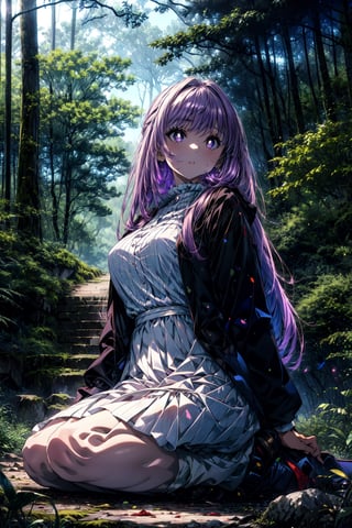 masterpiece, best quality, absurdres, perfect anatomy, 1girl, solo, FernFrieren, very long hair, purple eyes, (purple pupils), white dress, black robe, large breasts, outdoors, forest, sitting, rock,
