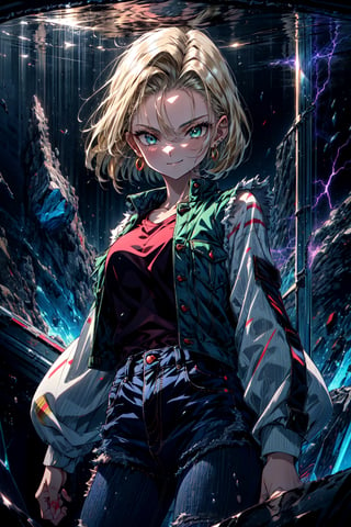 (best quality), (masterpiece),(ultra-detailed:1.2),ultra high res, 1girl, smirk, hand on ear,  ,Android18DB, striped_sleeves,long_sleeves, denim_jacket,vest,earrings,  ,forcefield,inside a huge glass sphere, (electrified:1.1),green aura, , destruction  ,  , dark theme,