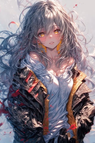 stelle hsr, collarbone, solo, yellow eyes, bra strap, jacket, looking at viewer, simple background, black gloves, open jacket, long hair, white shirt, parted lips, open clothes, gloves, hair between eyes, white background, hand in pocket, 1girl, black jacket, grey hair, upper body, off shoulder