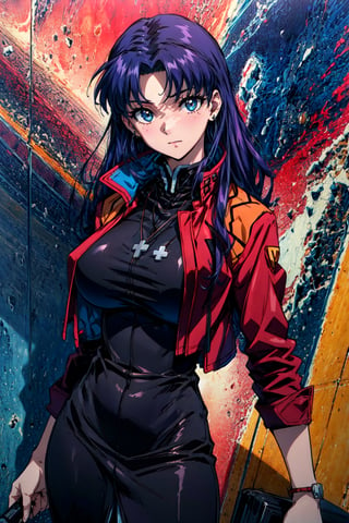 katsuragi_misato, huge_breasts, standing, solo, Misato_cross_necklace, black_pencil_dress_high_collar_red_jacket, masterpiece, best quality, detailed face, detailed eyes, highres,