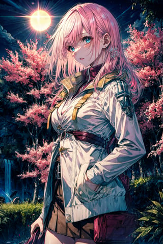 best quality,masterpiece,8k wallpaper,absurdres, highres, ultra detailed, (1 young beautiful girl, solo:1.1), blue eyes,realistic,bangs,long hair, pink hair, high collar,collared shirt,white shirt,pleated skirt,black skirt,cowboy shot, upper body,miniskirt,letterman jacket,A tropical paradise where the sun shines brightly every day, BREAK