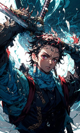 masterpiece, best quality, high quality, 1boy, solo, male focus, looking at viewer, upper body, , kamado_tanjirou, 

1male, 16k, hd, detailed, futuristic, masterpiece,katana,samurai, detailed face, complex_background,no_humans, detailed face, beautiful detailed eyes), High contrast, (best illumination, an extremely delicate and beautiful),dynamic pose, warzone,((holding dark sword with two hands, katana))