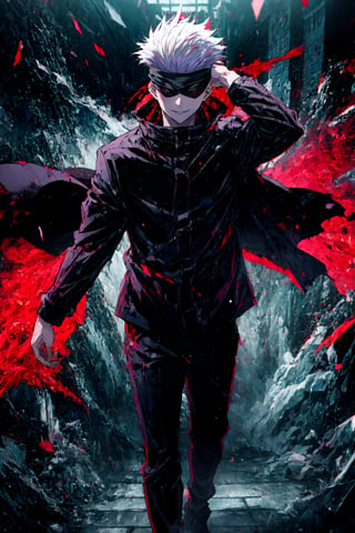 full body, focus straight_shota, Gojo Satoru, black jacket, blindfolded, Jujutsu kaisen, mix of fantasy and realism, special effects, fantasy, ultra hd, hdr, 4k, realhands, neutral smile face, perfect,red eyes,red eyes,gojou satoru,red eyes,4rmorbre4k