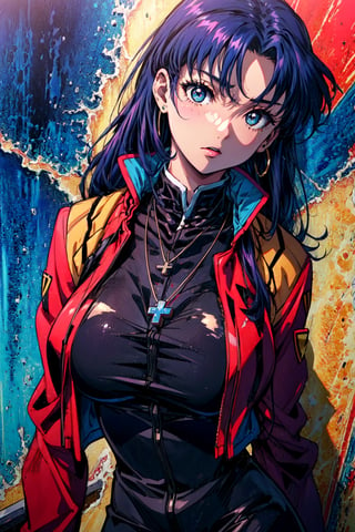 katsuragi_misato, huge_breasts, standing, solo, Misato_cross_necklace, black_pencil_dress_high_collar_red_jacket, masterpiece, best quality, detailed face, detailed eyes, highres,