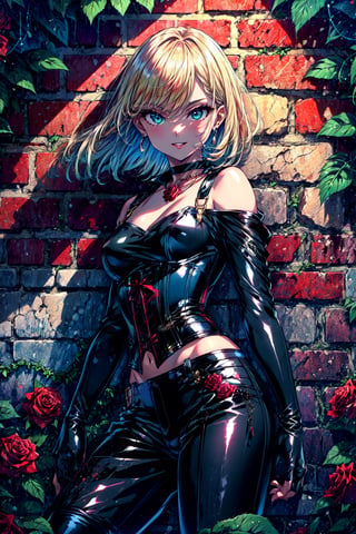 (masterpiece,best quality, detailed), 1girl, solo, outdoors, brick wall, against wall, (vines, rose, red rose), cowboy shot, smile, parted lips, elbow gloves, black choker, necklace, leather pants, corset, midriff, bare shoulders, knee boots, dutch angle, looking at viewer, Terrible_Tornado,