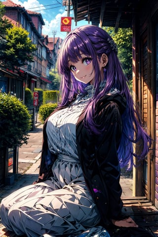best quality, masterpiece, 1girl, (solo:1.1), raytracing, ultra detailed,detailed face, 8k wallpaper, wide hips, , FernNDV, 1girl, purple hair, purple eyes, large breasts, long hair, open clothes, black robe,long white dress, , smile, outdoor, sitting
