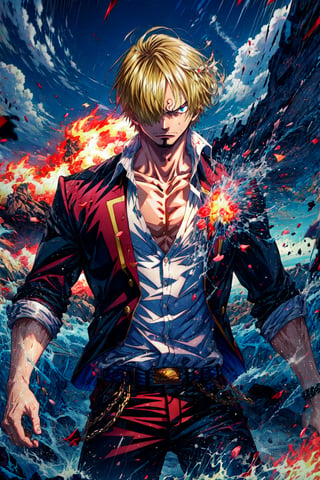 An epic scene on a battlefield in the world of One Piece, under pouring rain that adds a sense of urgency and drama to the environment. In the center of the scene, Sanji stands in a defiant pose, staring into the eyes of his adversary with determination and bravery. His blonde hair, engulfed in intense flames, falls over one of his eyes, adding a touch of mystery and danger to his expression. The main focus of the image should be on Sanji's face, showing a tough and determined expression that reflects his combative nature. Inspired by Sakimichan's style, a stunning photorealistic representation is sought that captures every detail of his face and hair, using advanced rendering and HDR techniques to achieve stunning visual effects. The composition should be frontal, highlighting Sanji's imposing presence on the battlefield. The image should convey the theme of 'the father of pain and revenge', showing the strength and desire for revenge that drives the character. A digital approach is preferred for the poster, with intense colors and an energetic atmosphere. Additionally, the presence of flames and the reference to 'the dead man's chest' are mentioned as additional elements that could be subtly integrated into the design of the image. This artwork is intended to be a tribute to the One Piece anime in the year 2021, capturing the essence and spirit of Sanji's character in a moment of intensity and action.