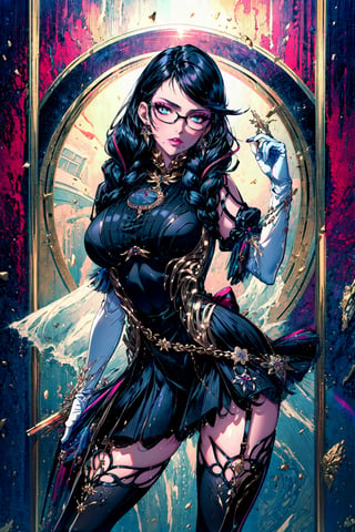 (masterpiece:1.4),(best quality:1.4),(absurdres:1.4),pin-up, , bayonetta_3_twintail_aiwaifu,glasses,blue_eyes ,black_hair,long_hair,two-tone_hair,twintails,breasts,jewelry,earrings,gloves,mole_under_mouth,lips,large_breasts,twin_braids,makeup,black-framed_eyewear,bodysuit,elbow_gloves,very_long_hair,lipstick,multicolored_hair,ribbon,amulet,hair_ribbon,dress,thighhighs,white_gloves,eyeshadow,bangs,clothing_cutout, (absurdres, highres, incredibly_absurdres:1.4),scenery,masterpiece,