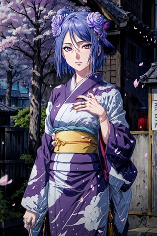 konan \(naruto\), 1girl, solo, (cherry blossoms), shrine, upper body, kimono, nail_polish, sash, obi, ring, hand_on_own_chest, tabi, purple_kimono