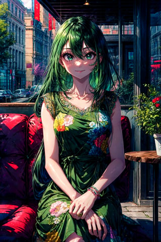 ((best quality)), ((highly detailed)), absurdres, detailed face, beautiful face, (detailed eyes, deep eyes), , (1girl), reflection, upper body}, , tsuyu, ((green hair)), very long hair, black eyes, :>:1.2, medium breasts, smiling, , green ((dress)), long dress, sleeveless, floral print, collarbone, bracelet, bare legs, high heels, (outdoors, at a cafe, coffee, noon)