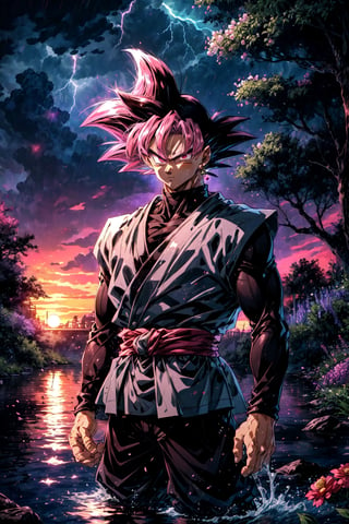 a handsome man, Goku Black,  spiked hair, pink hair, pink eyes, super saiyan, single earring, gentleman, luxurious clothing, black hair, short haircut, standing in the water, chaotic world, electric storms, flowers on the trees, sunset, masterpiece, intricate and elaborate details,