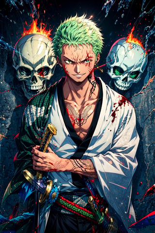zoro, solo, short hair, 1boy, weapon, male focus, japanese clothes, green eyes, green hair, sword, kimono, tattoo, scar, katana, fire, pectorals, sheath, scar on face, skull, scar across eye, scar on chest, multiple swords, black background, masterpiece, skulls background, realistic, blood wall, On a bloody wall, blood spatter, smile, laugh