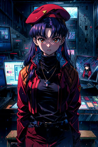 (masterpiece),(best quality), , katsuragi misato, brown eyes, beret, black sweater, cross necklace, red jacket, pencil skirt, red skirt, control room, indoor, dark room, looking at the viewer,