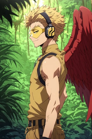 score_9, score_8_up, score_7_up, source_anime, rating_safe, , anime screencap, , , looking at viewer, , 1boy, solo, male focus, , keigo_takami, blonde hair, yellow eyes, short hair, stubble, wings, feathered wings, red wings, tinted eyewear, headphones, , profile, jungle, dark, standing, half-closed eyes, smile, ,