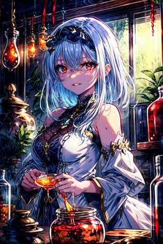 masterpiece,best quality,highres,cinematic lighting,dramatic angle,1girl,white hair,hairband,looking at viewer,glowing eyes,red eyes,white dress,bare shoulders,tassel,layered dress,detached sleeves,,upraised eyebrows,parted lips,evil smile,black ribbons,portrait,holding potion,pouring liquid to a boiling pot,atelier,at laboratory,Biological samples soaked in glass jars,,shaded face,