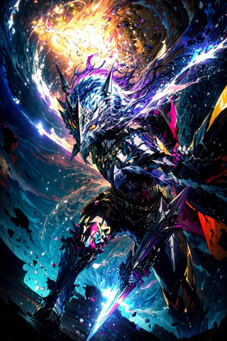 masterpiece,best quality,highres,cinematic lighting,dramatic angle,1boy,armor,maskedform,helmet,blue fire,holding sword,looking at viewer,,teeth,spikes,fangs,glowing yellow eyes,showing strength,ghost,souls,action pose,dynamic pose,dynamic angle,