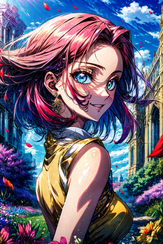 (best quality, masterpiece:1.3),kallencodegeass,(yellow formaldress:1.3), extremely detailed,solo,1girl,(colorful),(finely detailed beautiful eyes and detailed face),blue eyes,red hair,cinematic lighting,extremely detailed CG unity 8k wallpaper,solo,smile,((flying petal)),(Flowery meadow) sky, cloudy_sky, building, sunlight, sun