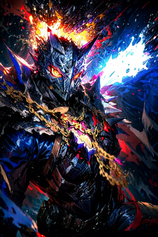 asterpiece,best quality,highres,cinematic lighting,dramatic angle,1boy,dark blue armor,maskedform,helmet,blue fire,holding flaming sword,looking at viewer,,spikes,fangs,glowing yellow eyes,showing strength,ghost,souls,action pose,dynamic pose,dynamic angle,spikes,dark flame,extremeley detailed,grab pose,,weapon over shoulder,