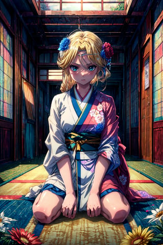 masterpiece, best quality, absurdres, perfect anatomy, 1girl, solo, Laykus, long hair, hair flower, indoors, kimono, floral print, wariza, sitting, hands on own knees,