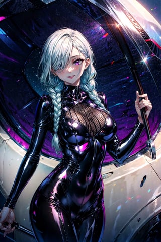 masterpiece, best quality, simple background, meidef, 1girl, solo, looking at viewer, cowboy shot, purple eyes, long hair, braid, single braid, braided bangs, white hair, grey hair, hair over one eye, braided ponytail, evil smile, large breasts, latexconcept, bodysuit, latex bodysuit, black bodysuit, shiny clothes, shiny, latex, skin tight,Circle