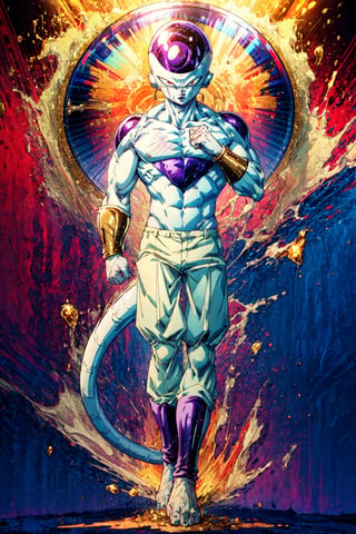 masterpiece, best quality, 1boy, golden frieza, golden skin, clenched hands, full body, looking at viewer, male focus, red eyes, solo, tail, patterned background,