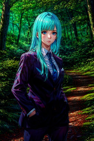 photorealistic, (4k), depth of field, (Masterpiece), (realistic skin texture), extremely detailed, intricate, hyper detailed, professional photography, bokeh, high resolution, sharp detail, best quality, girl, long hair, aqua hair, blunt bangs, blue eyes, suit and tie, ,  ,  , dynamic pose, (standing with hands in her pockets), forest clearing,