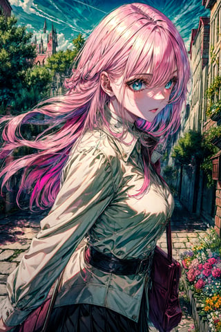 best quality,masterpiece,8k wallpaper,absurdres, highres, ultra detailed, (1 young beautiful girl, solo:1.1), blue eyes,realistic,bangs,long hair, pink hair, high collar,collared shirt,white shirt,pleated skirt,black skirt,cowboy shot, upper body,outdoors, castle, streets, green plants, flowers, BREAK
