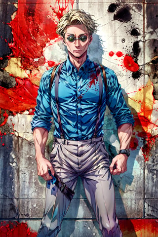 masterpiece, best quality, absurdres, NanamiBase, goggles, blue shirt, collared shirt, suspenders, grey pants, indoors, cinema, dark, blood, standing,Cursed energy
