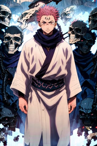 masterpiece,high quality,solo, simple background, RyomenSukuna,1man, blue scarf,japanese clothes,white kimono,wide sleeves,long sleeves, obi, tabi,zouri, hell,shadow,shadowed face,skull,